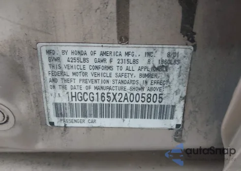 2002 Honda Accord 3.0 Ex из США, поврежденный, VIN 1HGCG165X2A005805